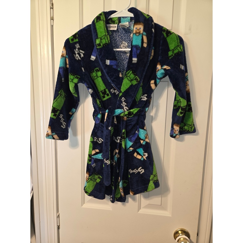 Minecraft Boys Fleece Robe Navy Blue Creeper Steve Plush Bathrobe Size 6/7